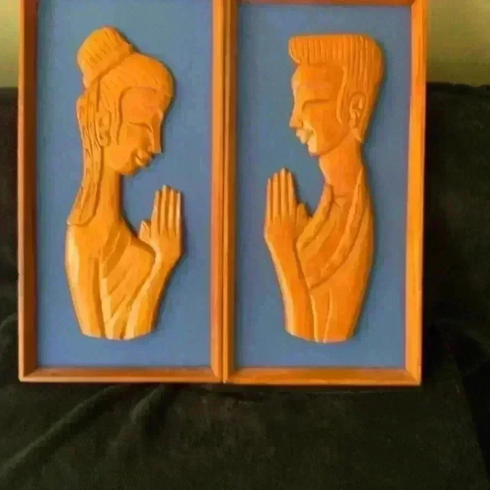 Vintage Mid Century Modern Wood Carved praying female and male hanging pictures